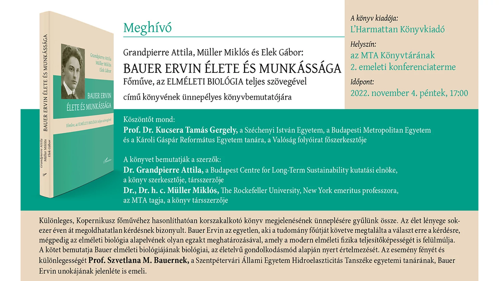 Könyvbemutató • Grandpierre Attila–Müller Miklós– Elek Gábor: Bauer Ervin élete és munkássága